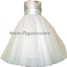 platinum silver and bay (light aqua) tulle and silk flower girl dresses