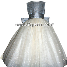 Silver Gray and Glitter Tulle with Metallic Crystal Bodice - Pegeen Couture Style Flower Girl Dress