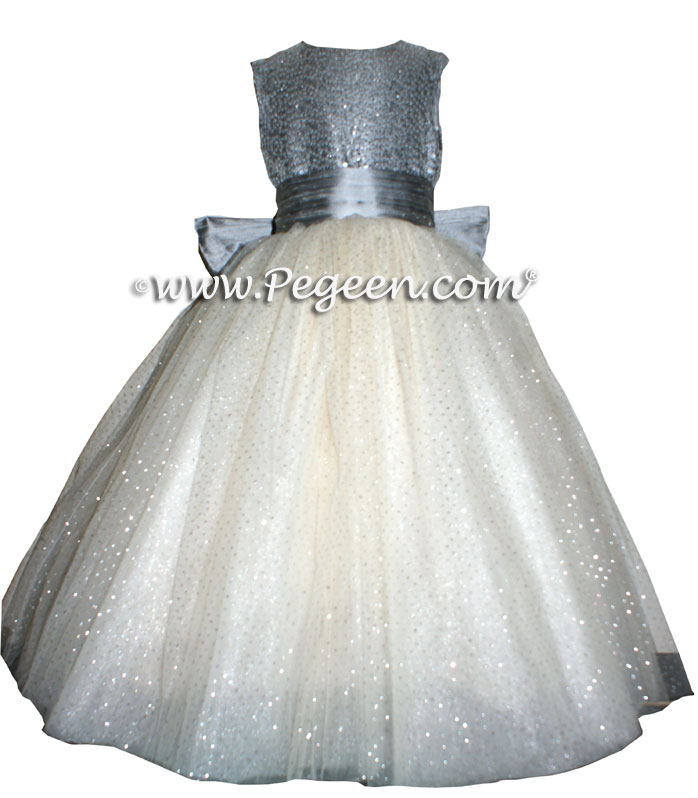 Silver Gray and Glitter Tulle silk ballerina style FLOWER GIRL DRESSES with layers and layers of tulle