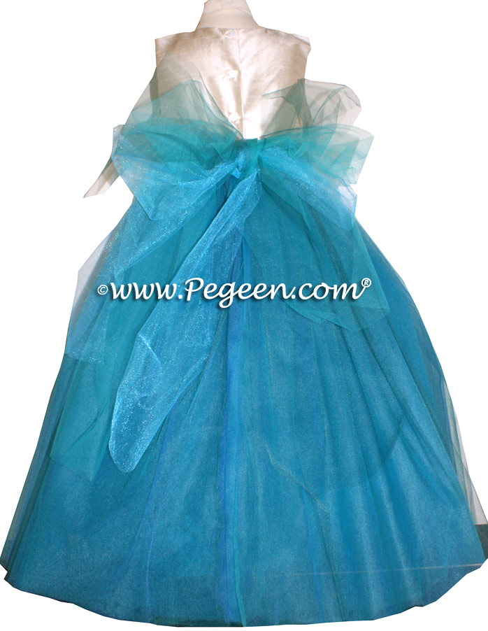 Bermuda and Summer Tan White BLUE ballerina style FLOWER GIRL DRESSES with layers and layers of tulle