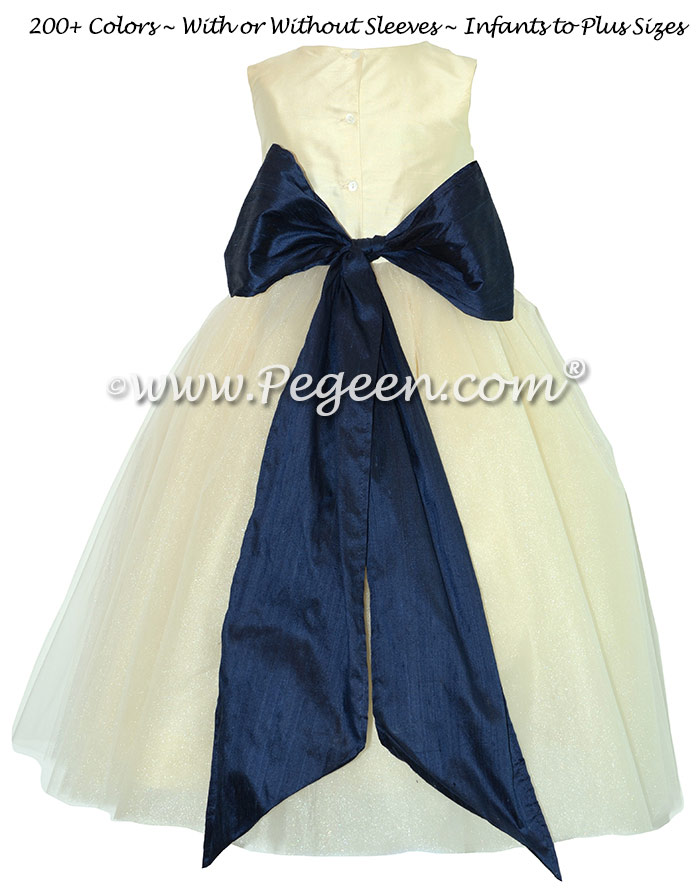 Bisque and Navy  Silk and Tulle Silk Style 402 Flower Girl Dresses