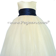 Silk FLOWER GIRL DRESSES Navy Blue and Bisque with Ivory Crystal tulle