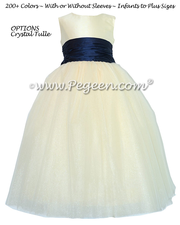 Bisque and Navy  Silk and Tulle Silk Style 402 Flower Girl Dresses