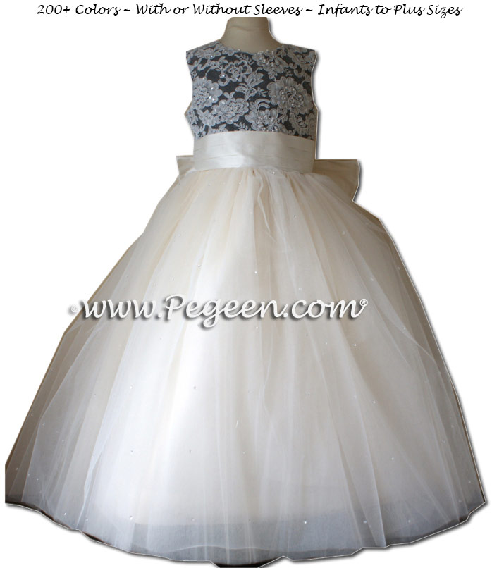 New ivory and black silk silk ballerina style FLOWER GIRL DRESSES with layers and layers of tulle