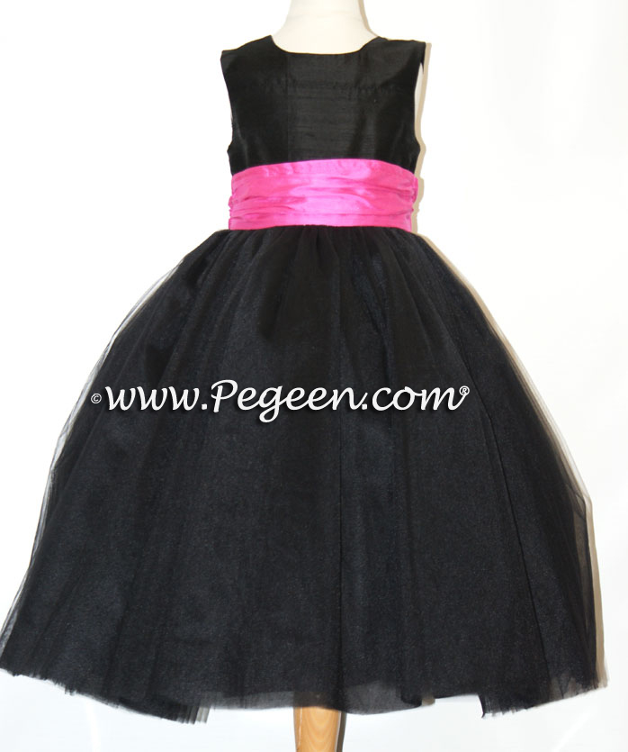 Ballerina style flower girl dresses with tulle and black and hot pink silk