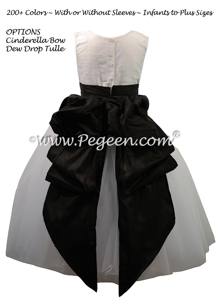 Flower Girl Dress with a Cinderella Bow in White and Black Silk and Tulle | Pegeen