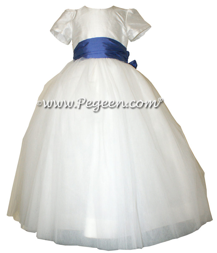 Antique White and Blueberry flower girl dress with tulle