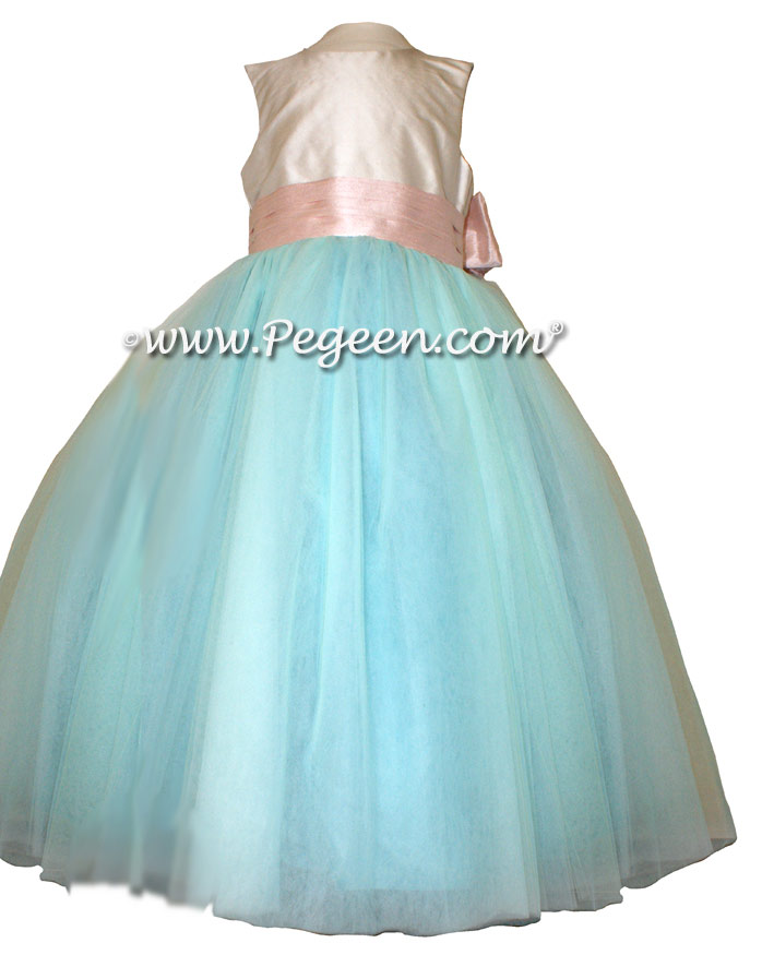 tiffany blue and blush pink ballerina style FLOWER GIRL DRESSES with layers and layers of tulle