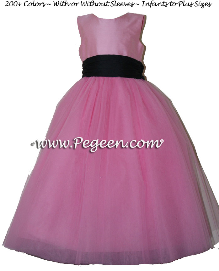 Bubblegum Pink, Black and Pink Tulle flower girl dresses with back roses on bustle - Pegeen Couture Style 402