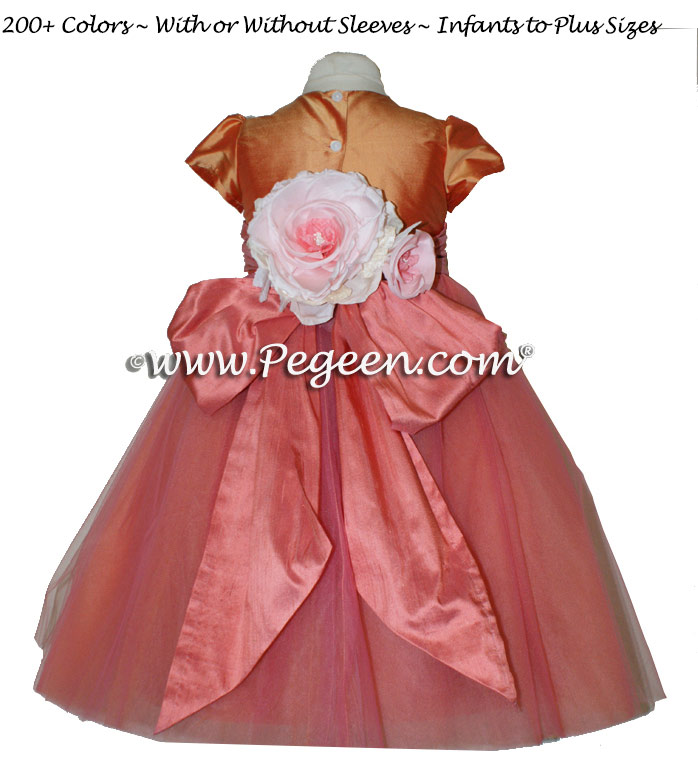 Flower girl dress with tulle in various shades of Cantaloupe and Sunset (coral) | Pegeen