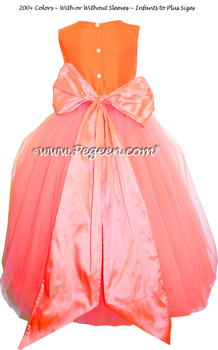 Pegeen's CARROT, carrot and orange shades of silk and Tulle Degas Style FLOWER GIRL DRESSES with 10 layers of tulle