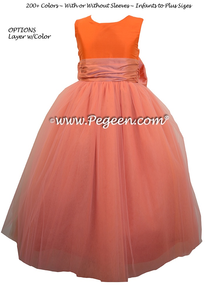 Pegeen's CARROT, carrot and orange shades of silk and Tulle Degas Style FLOWER GIRL DRESSES with 10 layers of tulle