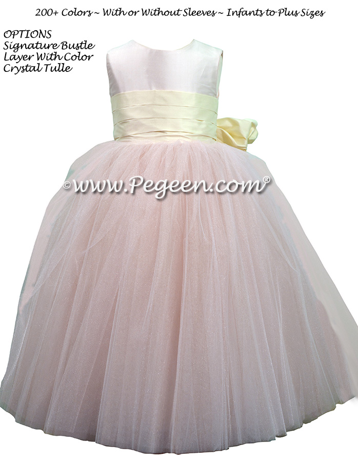 Champagne Pink and Bisque of silk and Tulle Degas Style FLOWER GIRL DRESSES with a Pegeen Signature Bustle