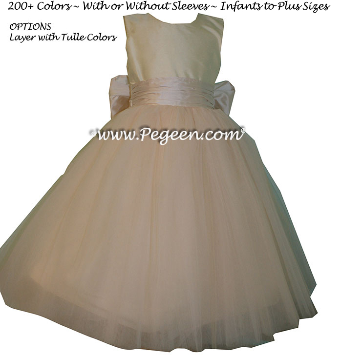 Pegeen's Champagne pink and petal pink Tulle Flower Girl Dresses with 10 layers of tulle