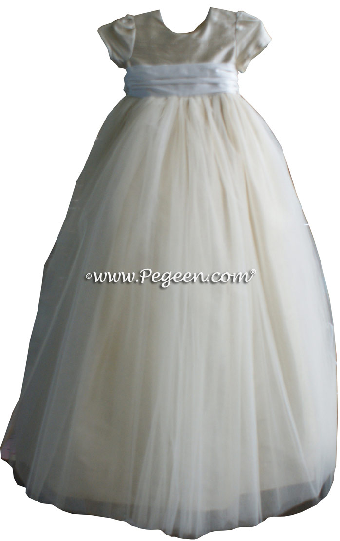 Dew Drop White Tulle  metallic ballerina style FLOWER GIRL DRESSES with layers and layers of tulle