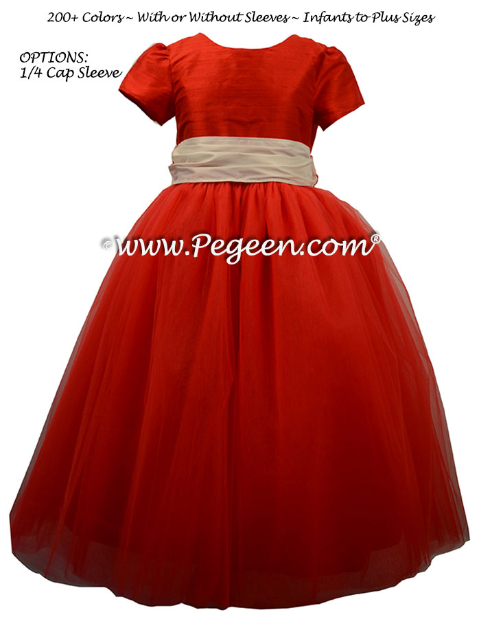 Christmas Red  and white silk and tulle ballerina flower girl dresses - Degas style