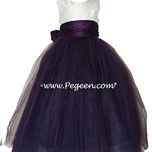 Antique White and deep plum and Antique White Tulle ballerina style FLOWER GIRL DRESSES with layers and layers of tulle