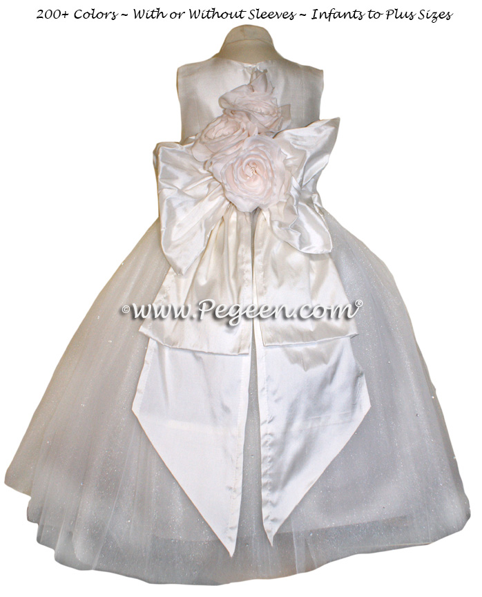 Antique White Dew Drop and Crystal tulle flower girl dress