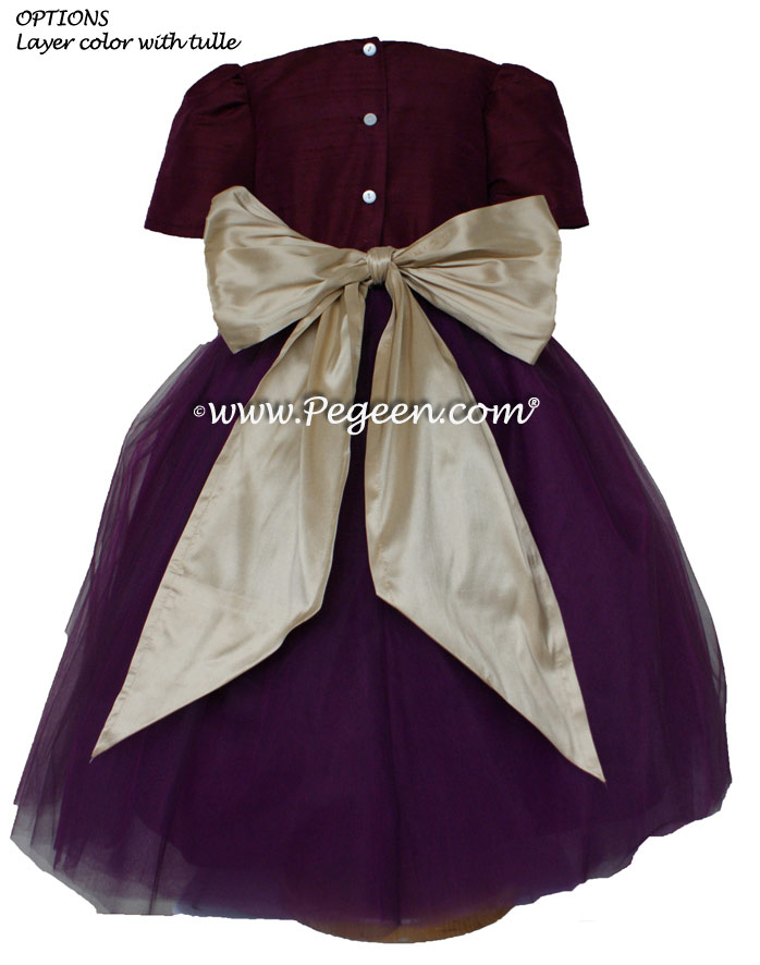 Eggplant and Pure Gold silk and tulle flower girl dress