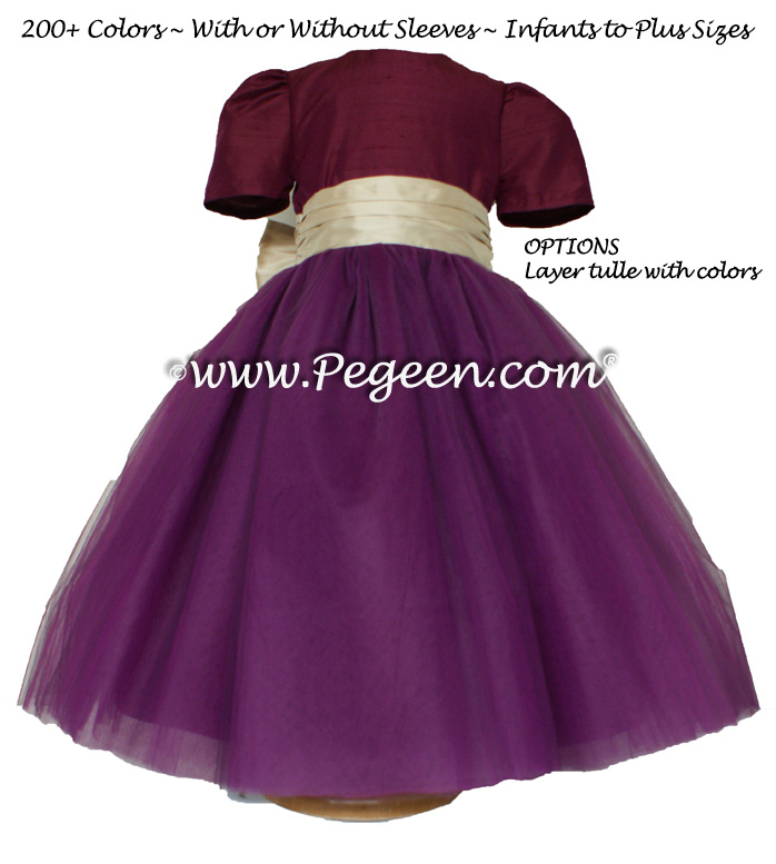 Eggplant and Pure Gold silk and tulle flower girl dress