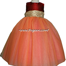 Claret Red and Pure Gold ballerina style FLOWER GIRL DRESSES with layers and layers of tulle in Melon, Claret Red and Pure Gold tulle flower girl dresses