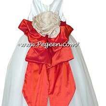 Fire Orange and Antique White Silk and Tulle ballerina style Flower Girl Dresses