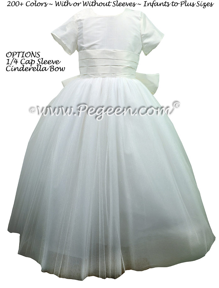 Quarter Cap Sleeves with Antique White and Crystal Tulle and  silk and  tulle ballerina style flower girl dresses Style 402 Pegeen