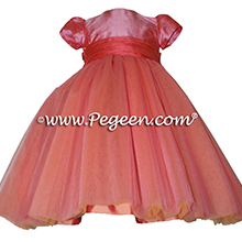 Gumdrop pink and melon silk and tulle flower girl dresses