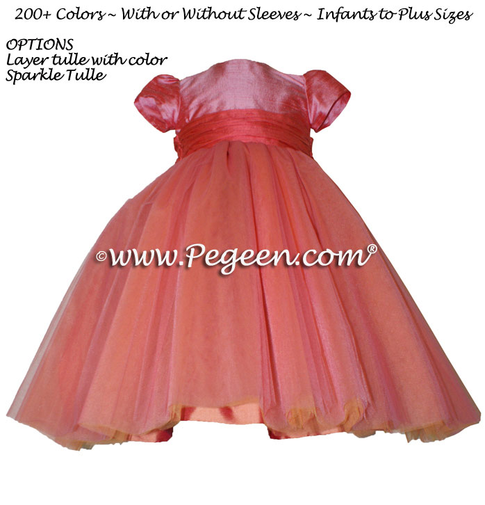 Pegeen's Coral Rose and orange shades of silk and Tulle Degas Style FLOWER GIRL DRESSES with 10 layers of tulle