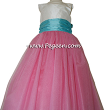Tulle, Gumdrop pink and Tiffany blue with Antique White silk Flower Girl Dresses by PEGEEN