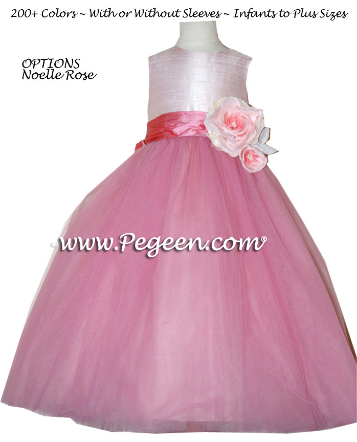 Pegeen's bubblegum pink and chocolate Tulle flower girl dresses with 10 layers of tulle