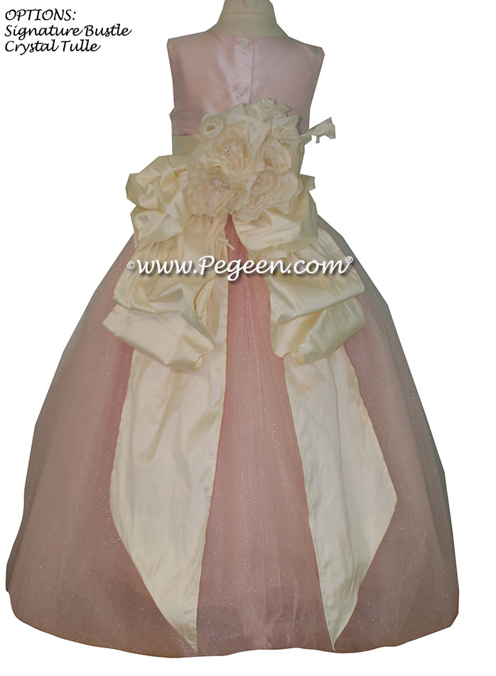 Bisque (creme) and Ballet Pink silk and tulle  flower girl dress