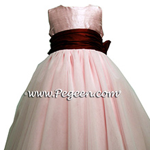 Baby Pink and Claret Red silk and tulle flower girl dresses