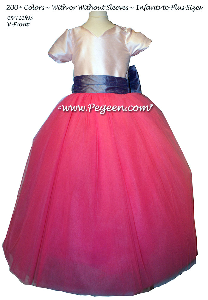 Peony Pink, Hydrangea Blue and Shock Pink tulle flower girl dress - Degas style