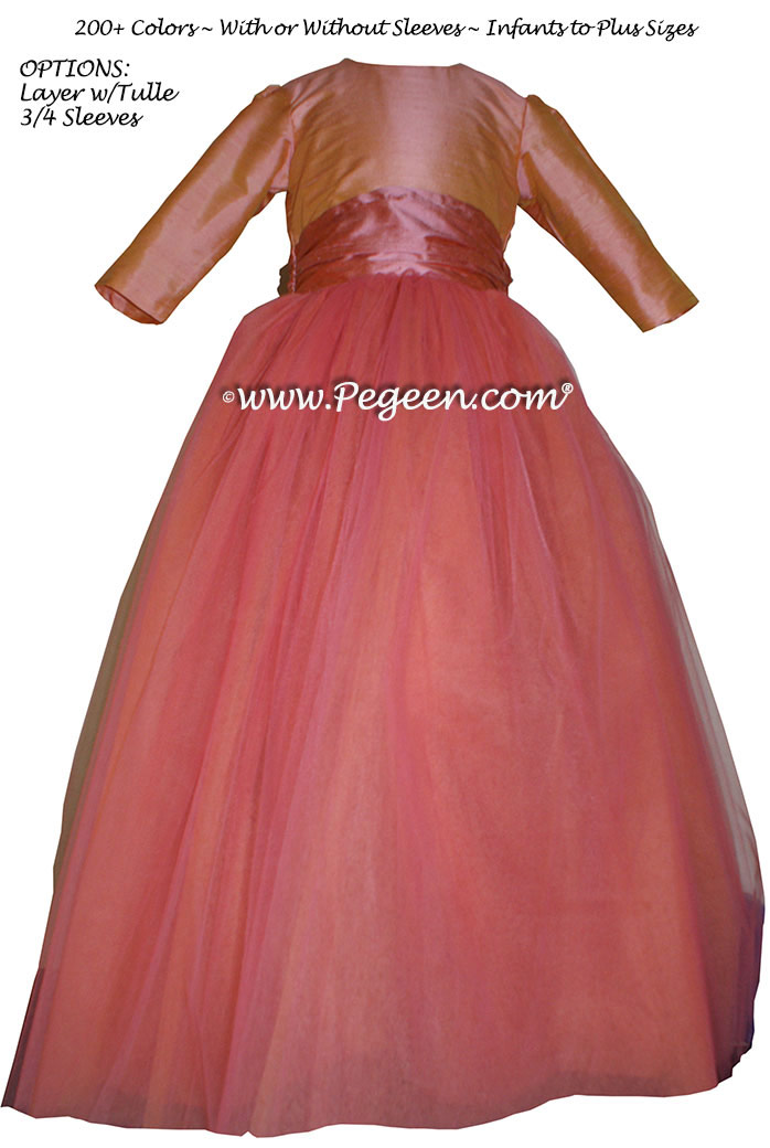 Pegeen's Coral Rose, icing and orange shades of silk and Tulle Degas Style FLOWER GIRL DRESSES with 10 layers of tulle