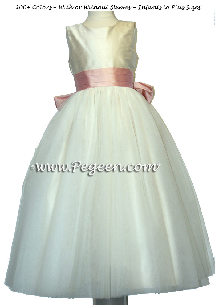 bisque ivory and lotus pink Flower Girl Dress with 10 layers of tulle