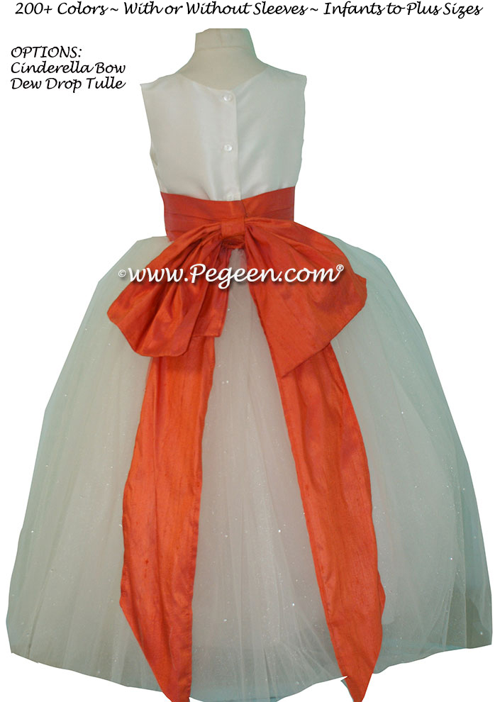Mango (orange) and New Ivory Dew Drop tulle flower girl dresses