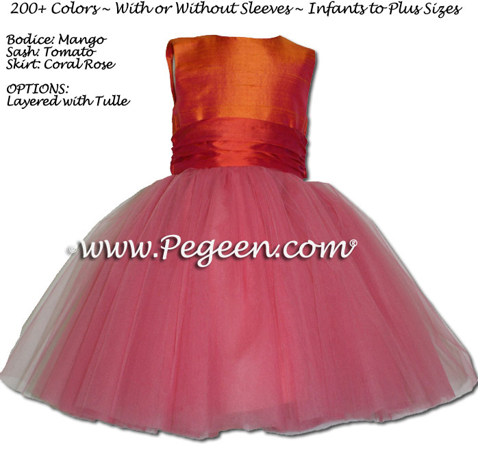 Flower girl dress in Coral Rose, Melon and Carrot ballerina style with tulle | Pegeen