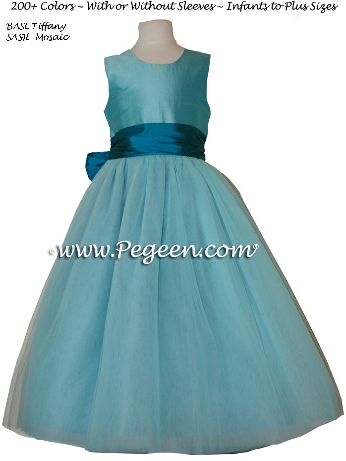 Flower girl dress in Tiffany blue and mosaic teal with tulle | Pegeen