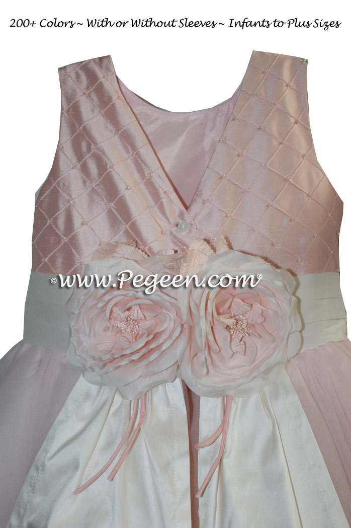Pegeen's petal pink silk with trellis pintucks and pearls Tulle FLOWER GIRL DRESSES with 10 layers of tulle