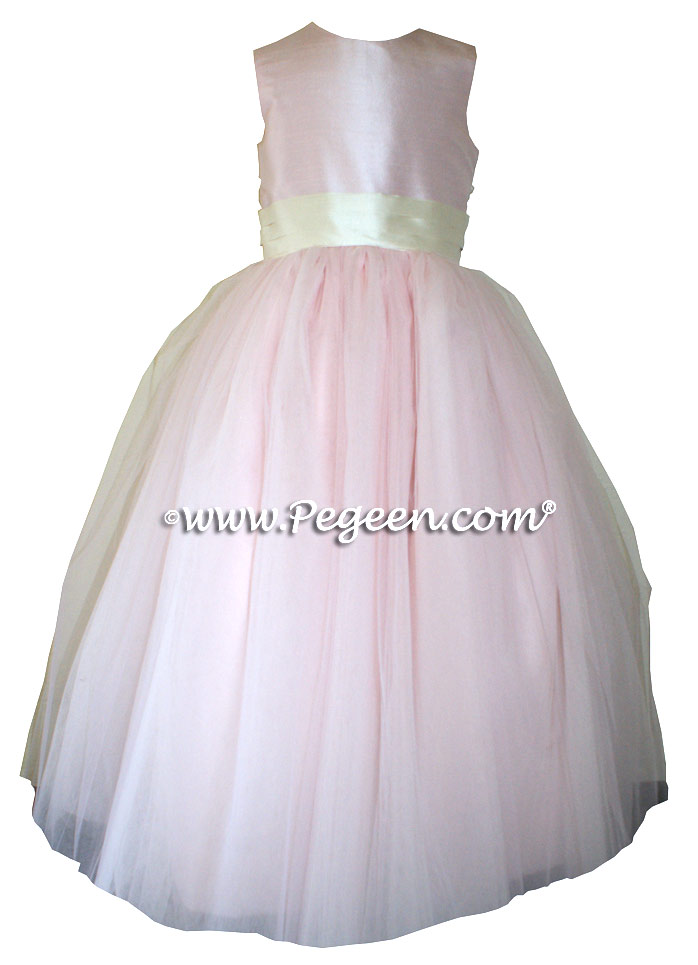 Pegeen's Peony Pink and Bisque (creme) Tulle FLOWER GIRL DRESSES with 10 layers of tulle