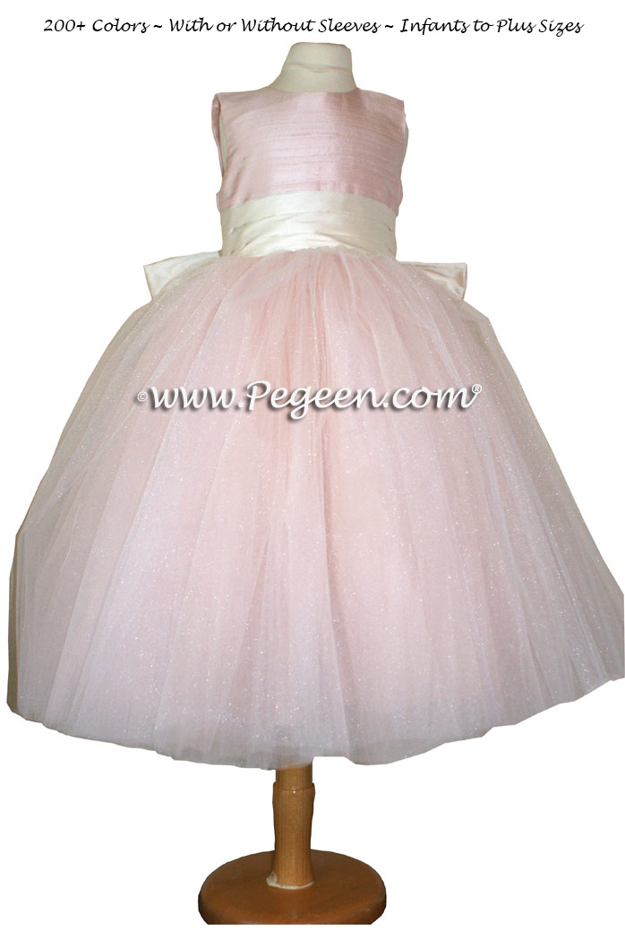 Pegeen's BALLET PINK AND NEW IVORY SILK, Crystal Tulle FLOWER GIRL DRESS with 10 layers of tulle and Heaven Silk Rose