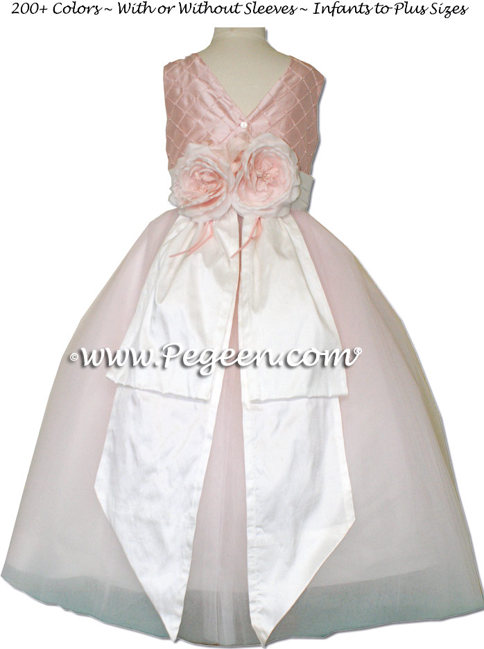 Petal pink flower girl dress in silk with pin tucks and pearls, flowers | Pegeen