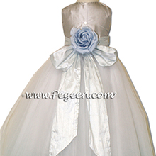 platinum silver and steele blue tulle and silk flower girl dresses