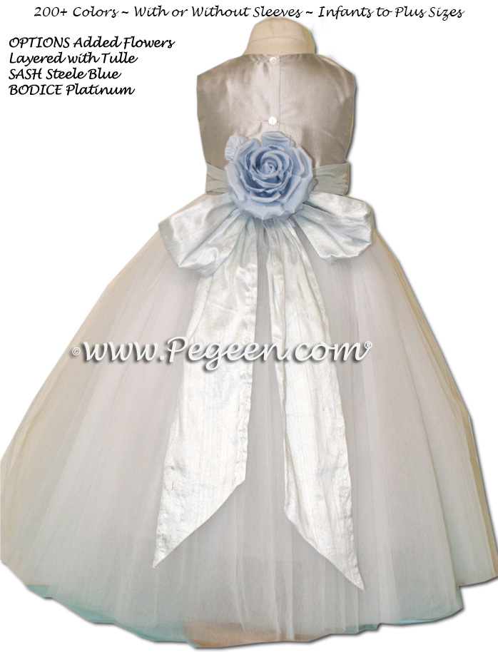silver PLATINUM AND STEELE BLUE ballerina style FLOWER GIRL DRESSES with layers and layers of tulle