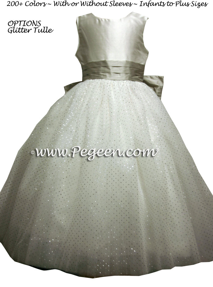 silver metallic ballerina style FLOWER GIRL DRESSES with layers and layers of tulle