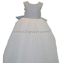 Custom Powder blue and antique white silk TULLE SILK FLOWER GIRL DRESSES with glitter tulle and a Cinderella Bow with layers and layers of tulle