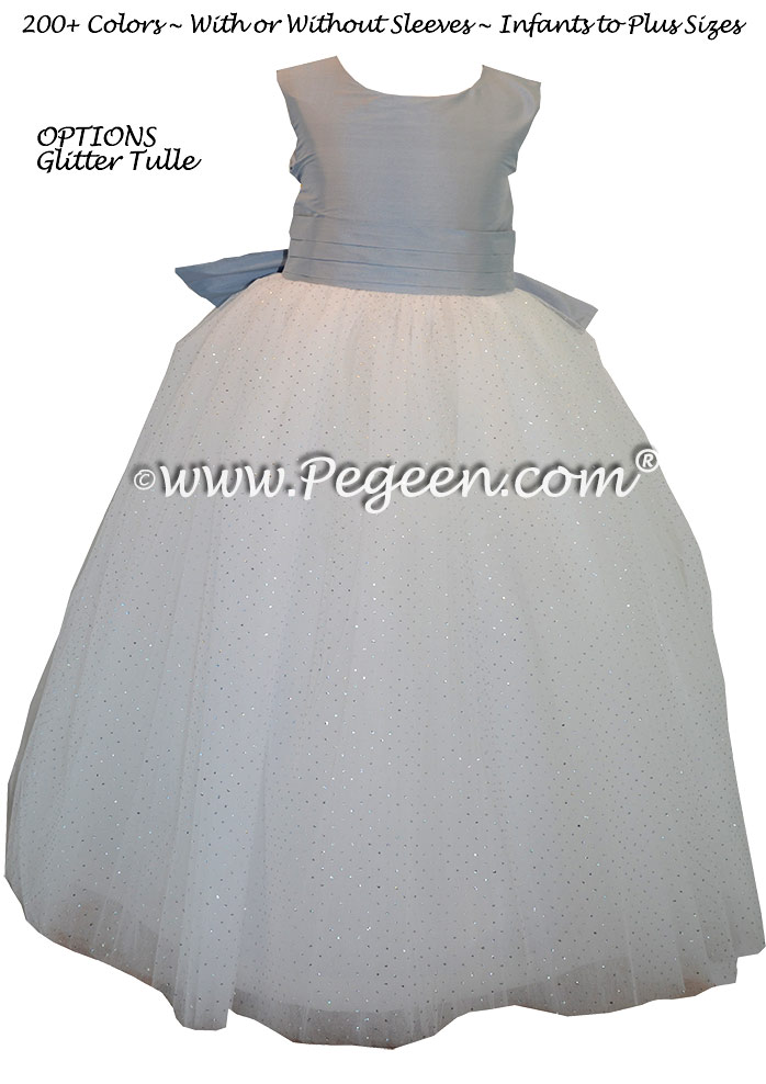 Powder blue and antique white silk silk ballerina style FLOWER GIRL DRESSES with layers and layers of tulle