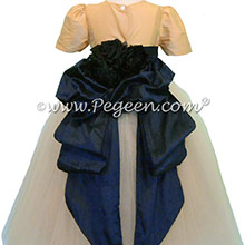 Silk FLOWER GIRL DRESSES Midnight(Navy)Blue and Spun Gold with champagne shades of tulle