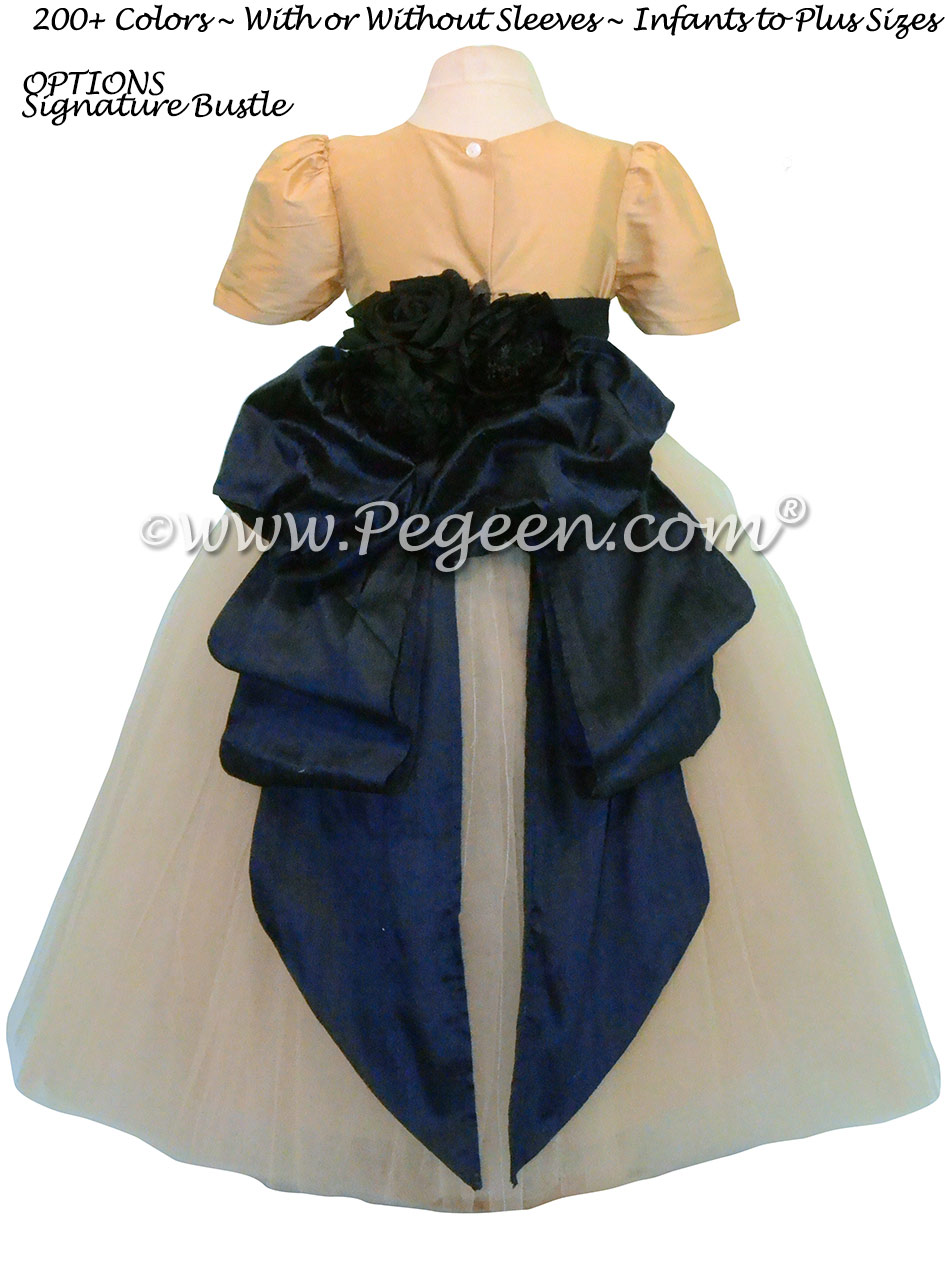 Spun Gold and Midnight (Navy) Silk and Tulle Silk Style 402 Flower Girl Dresses